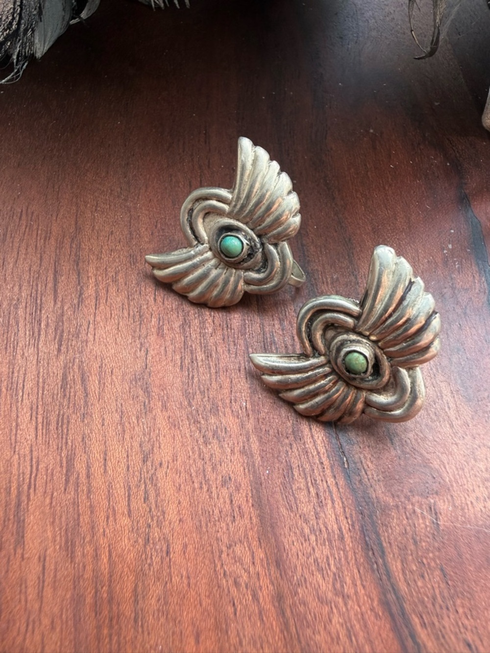 VTG Mexico Sterling Silver Screw Back Wings Earrings Turquoise Gemstone MCM
